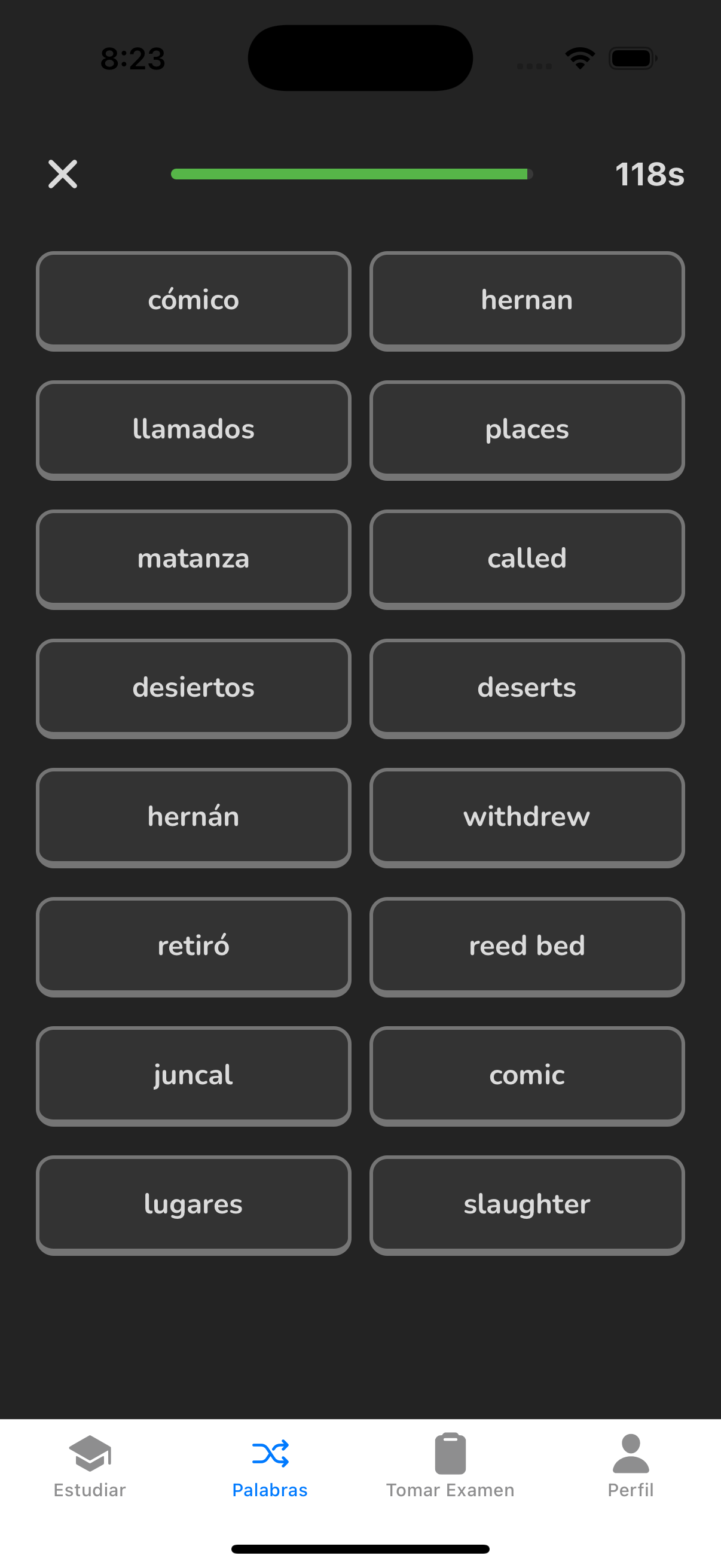 Pantalla de Palabras